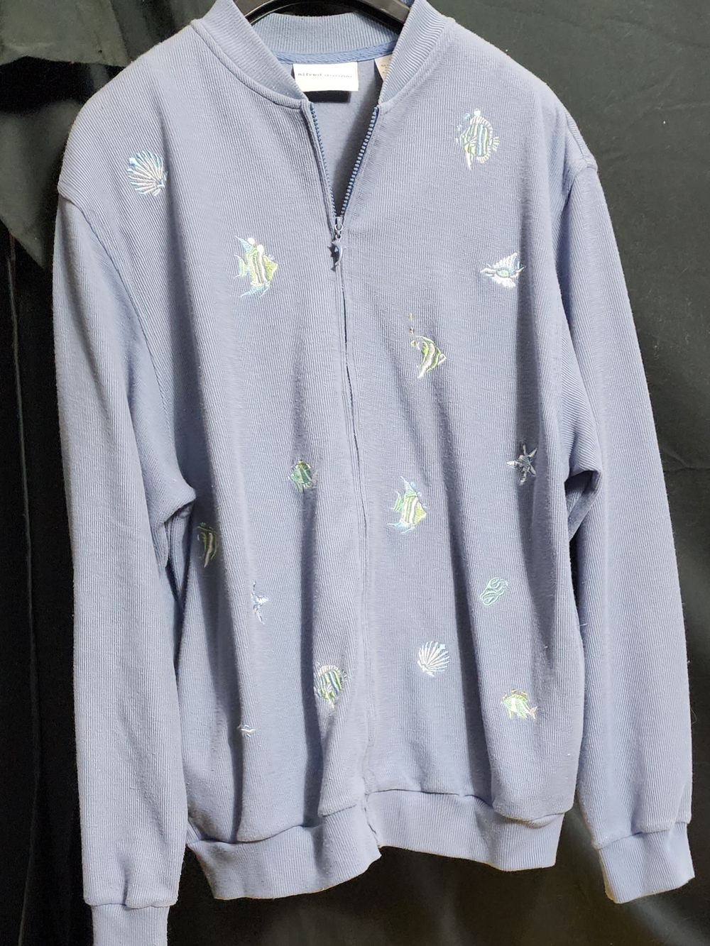 Women's Light Blue Ocean Theme Embroidered Zip-Up Sweater Jacket